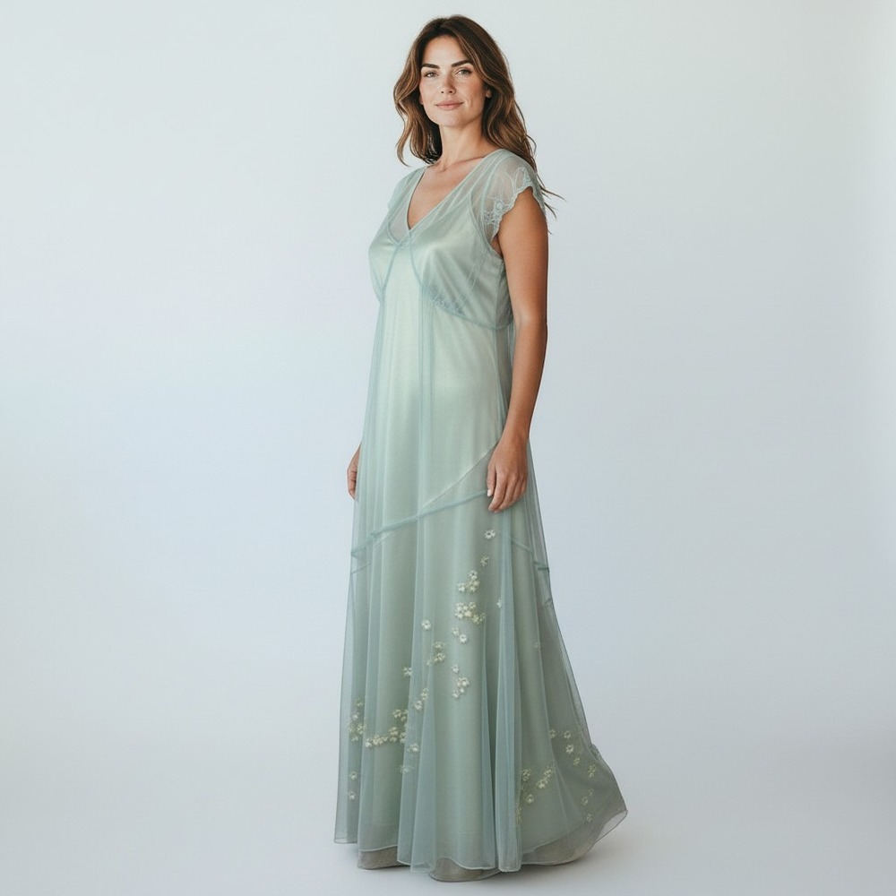 Garnet Hill Silk Mesh Overlay Maxi Dress Sage Green Floral Applique Size 12